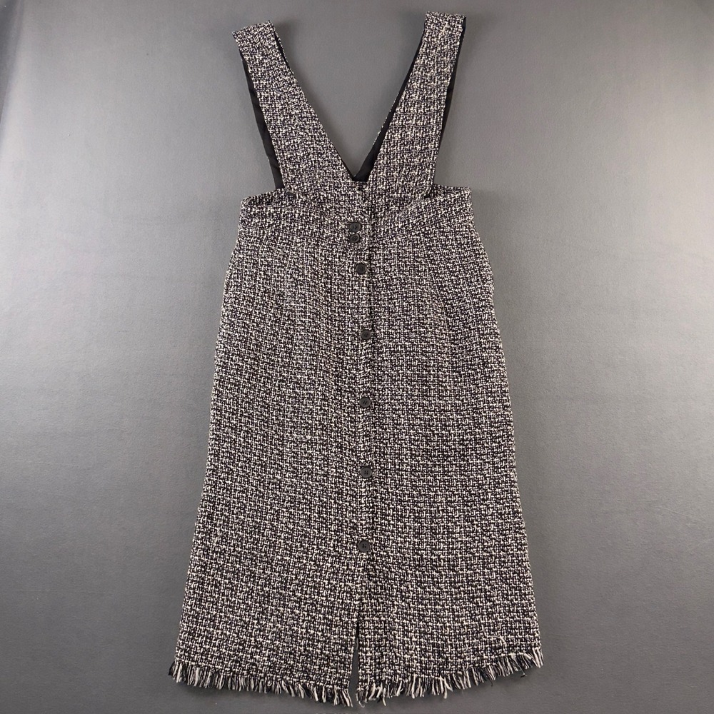 Böhme Black White Tweed Pinafore Dress Button Front Fringe Hem Medium C51322A